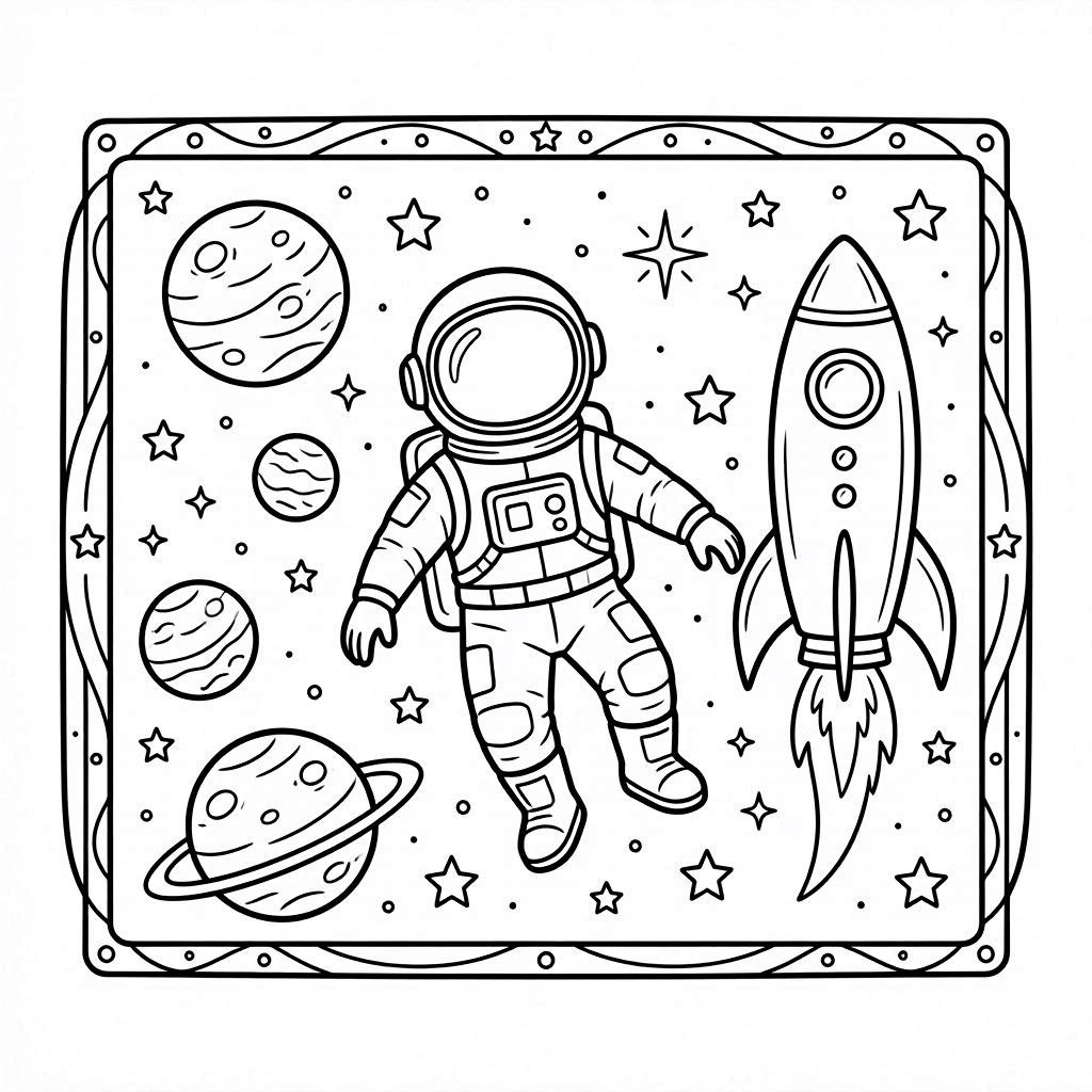 Astronaut in space with planets Coloring Page